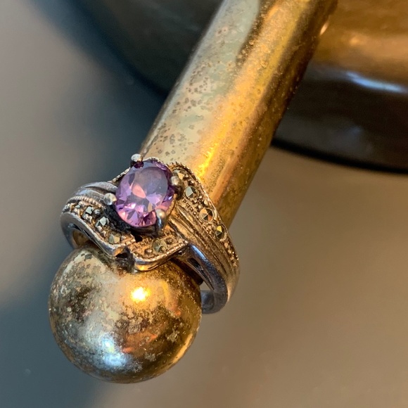 Sterling Silver .925 Amethyst & Marcasite Ring – Vintage Style - Picture 2 of 6